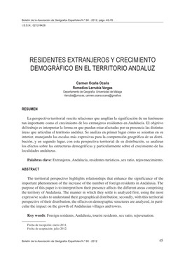 Residentes Extranjeros Y Crecimiento Demográfico En El Territorio Andaluz