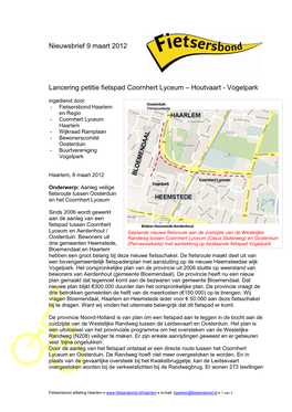 Vogelpark Ingediend Door - Fietsersbond Haarlem En Regio - Coornhert Lyceum Haarlem - Wijkraad Ramplaan - Bewonerscomité Oosterduin - Buurtvereniging Vogelpark