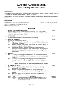 LAPFORD PARISH COUNCIL Notice of Meeting of the Parish Council