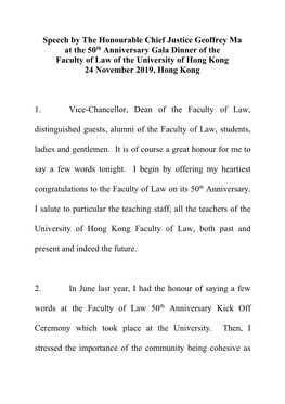The 50Th Anniversary Gala Dinner of the Faculty of Law of the University of Hong Kong 24 November 2019, Hong Kong