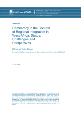 Democracy in the Context of Regional Integration in West Africa: Status, Challenges and Perspectives