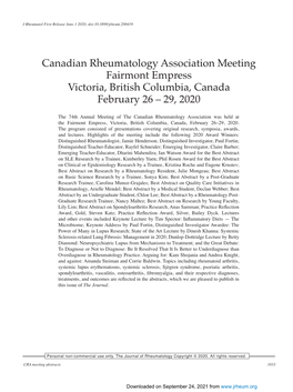 Canadian Rheumatology Association Meeting Fairmont Empress Victoria, British Columbia, Canada February 26 – 29, 2020