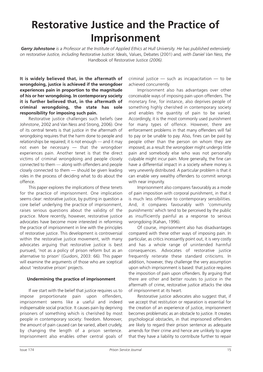 Restorative Justice and the Practice of Imprisonment Gerry Johnstone Is a Professor at the Institute of Applied Ethics at Hull University