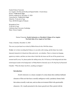Podcast Transcript: Double Indemnity As a Moralistic Critique of Los Angeles the Dark Side of Los Angele in Noir Films