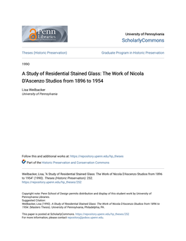 A Study of Residential Stained Glass: the Work of Nicola D'ascenzo Studios from 1896 to 1954