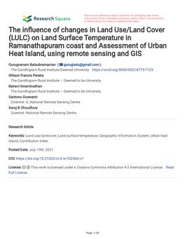 On Land Surface Temperature in Ramanathapuram Coast and Assessment of Urban Heat Island, Using Remote Sensing and GIS