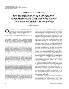 The Transformation of Ethnography: from Malinowki’S Tent to the Practice of Collaborative/Activist Anthropology Louise Lamphere