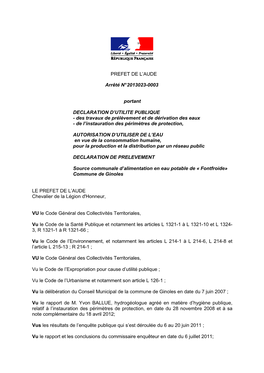 PREFET DE L'aude Arrêté N° 2013023-0003 Portant DECLARATION D'utilite PUBLIQUE