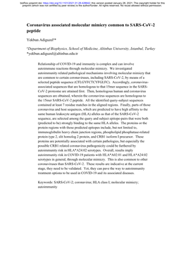 Coronavirus Associated Molecular Mimicry Common to SARS-Cov-2 Peptide