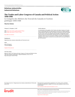 The Trades and Labor Congress of Canada and Political Action 1898-1908 Le Congrès Des Métiers Du Travail Du Canada Et L’Action Politique 1898-1908 Martin Robin