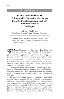 ACTING SHAKESPEARE: a Roundtable Discussion with Artists from the Utah Shakespeare Festival’S 2013 Production of the Tempest