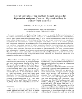 Habitat Correlates of the Southern Torrent Salamander, Rhyacotriton Variegatus (Caudata: Rhyacotritonidae), in Northwestern California’