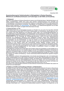 Zusammenfassung Der Verkehrssituation in Wohngebieten in Pankow Rosenthal, Wilhelmsruh Und Niederschönhausen Und Forderungen an Die Politik Und Verwaltung