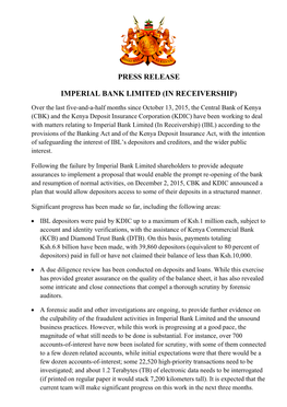 Press Release Imperial Bank Limited (In Receivership)