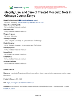 Integrity, Use, and Care of Treated Mosquito Nets in Kirinyaga County, Kenya