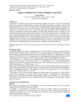 AFRICAN ORIGIN of NATIVE AMERICAN R1-M173 *Clyde Winters Uthman Dan Fodio Institute, Chicago, Illinois 60643 *Author for Correspondence