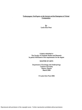 Technopagans: Neopagans on the Internet and the Emergence of Virtual Communities by Leslie Erin Prest a Thesis Submitted To