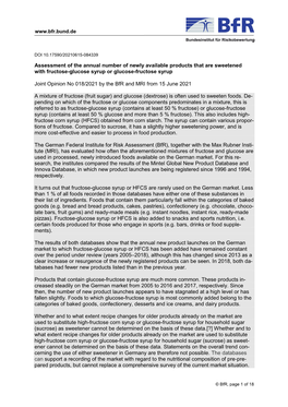 Assessment of the Annual Number of Newly Available Products That Are Sweetened with Fructose-Glucose Syrup Or Glucose-Fructose Syrup