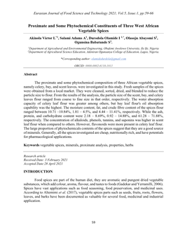 Proximate and Some Phytochemical Constituents of Three West African Vegetable Spices