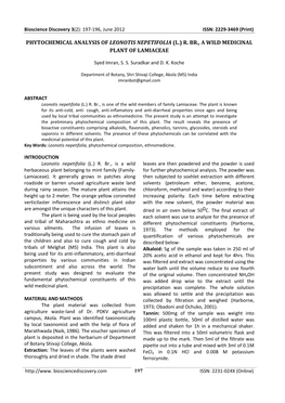 Phytochemical Analysis of Leonotis Nepetifolia (L.) R. Br., a Wild Medicinal Plant of Lamiaceae