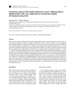 Life History Aspects of the Mayfly Siphlonurus Typicus