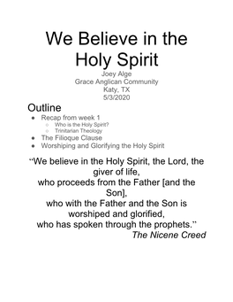 We Believe in the Holy Spirit