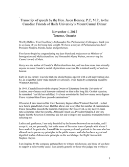 Transcript of Speech by the Hon. Jason Kenney, P.C, M.P., to the Canadian Friends of Haifa University’S Mount Carmel Dinner