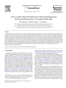 Avian Cestodes Affect the Behaviour of Their Intermediate Host Artemia Parthenogenetica: an Experimental Study M.I