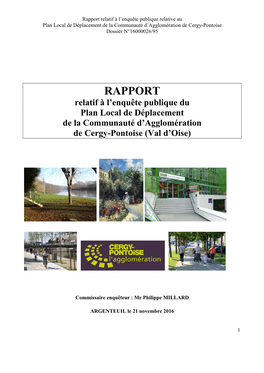 Rapport Relatif À L’Enquête Publique Relative Au Plan Local De Déplacement De La Communauté D’Agglomération De Cergy-Pontoise Dossier N°16000026/95