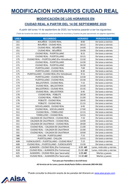 Modificacion Horarios Ciudad Real