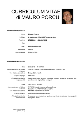 CURRICULUM VITAE Di MAURO PORCU