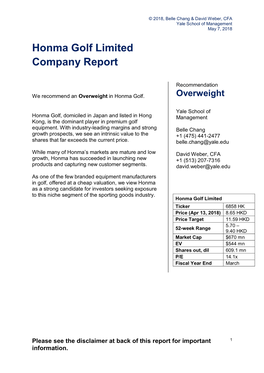 Honma Golf Limited Company Report