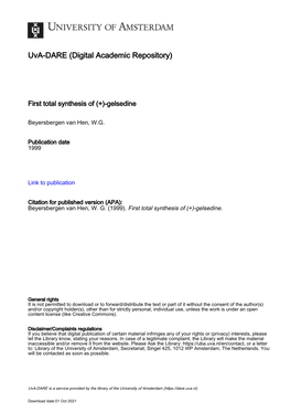 First Total Synthesis of (+)-Gelsedine