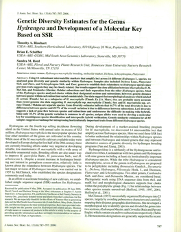 Genetic Diversity Estimates for the Genus Hydrangea and Development of a Molecular Key Based on SSR