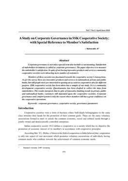 A Study on Corporate Governance in SSK Cooperative Society: with Special Reference to Member's Satisfaction