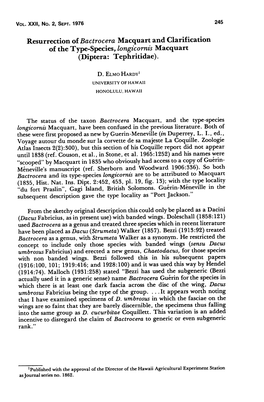 Resurrection Olbactrocera Macquart and Clarification of the Type-Species, Longicornis Macquart (Diptera: Tephritidae)