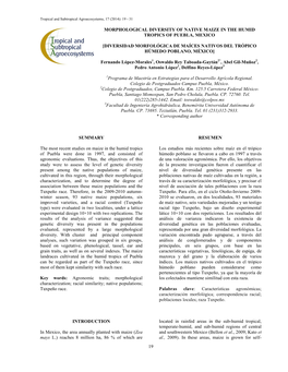 19 Morphological Diversity of Native Maize in the Humid Tropics of Puebla, Mexico