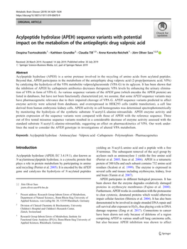 Acylpeptide Hydrolase (APEH) Sequence Variants with Potential Impact on the Metabolism of the Antiepileptic Drug Valproic Acid