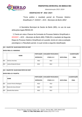 2021 “Torna Público O Resultado Parcial Do