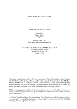 NBER WORKING PAPER SERIES PEER MIGRATION in CHINA Yuyu Chen Ginger Zhe Jin