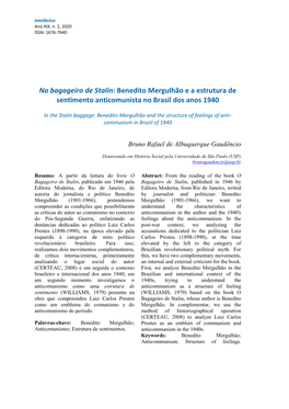 Benedito Mergulhão E a Estrutura De Sentimento Anticomunista No Brasil Dos Anos 1940