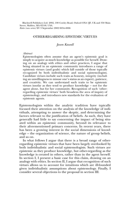 OTHER-REGARDING EPISTEMIC VIRTUES Jason Kawall