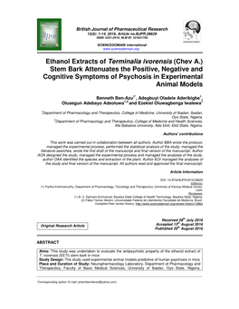 Ethanol Extracts of Terminalia Ivorensis (Chev A.) Stem Bark Attenuates the Positive, Negative and Cognitive Symptoms of Psychosis in Experimental Animal Models