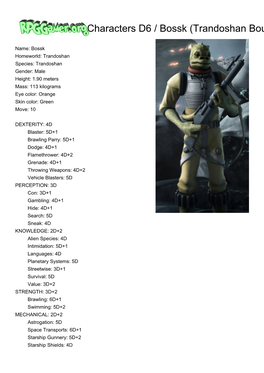 Rpggamer.Org (Characters D6 / Bossk (Trandoshan Bounty Hunter As of the Clone Wars)) Printer Friendly