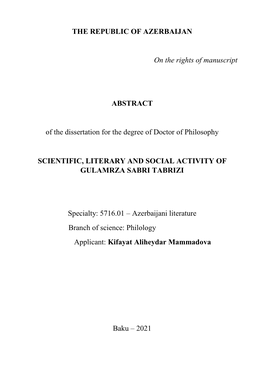 THE REPUBLIC of AZERBAIJAN on the Rights of Manuscript ABSTRACT