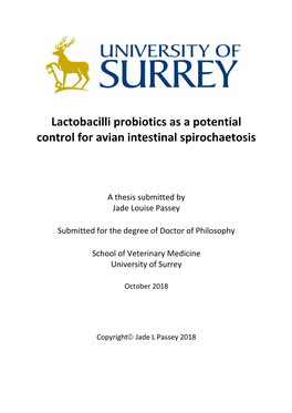 Lactobacilli Probiotics As a Potential Control for Avian Intestinal Spirochaetosis