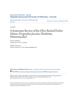 A Systematic Review of the Olive-Backed Pocket Mouse, Perognathus Fasciatus (Rodentia, Heteromyidae) Daniel F