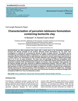 Characterization of Porcelain Tableware Formulation Containing Bentonite Clay