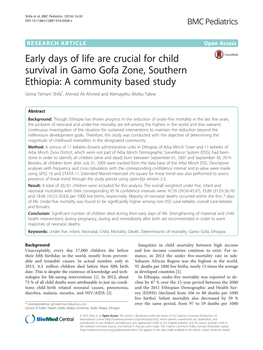 Early Days of Life Are Crucial for Child Survival in Gamo Gofa Zone, Southern Ethiopia: a Community Based Study