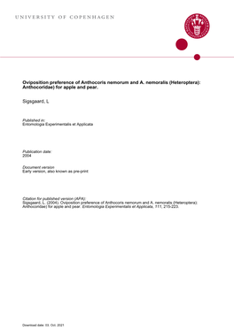 Predation Upon the Winter Moth Operophtera Brumata (Lepidoptera: Geometridae) by Anthocoris Nemorum and A